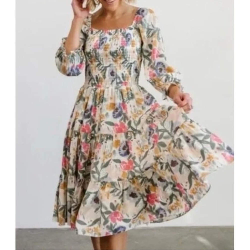 Baltic Born Cream Midi Dress with Pink & Green Floral Print